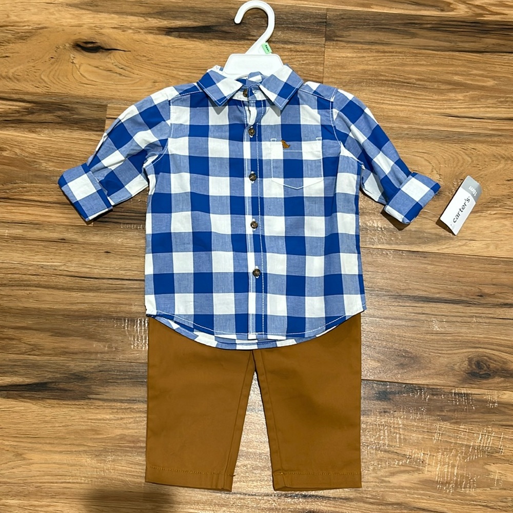 Brand new Blue and White Plaid button down with brown pant